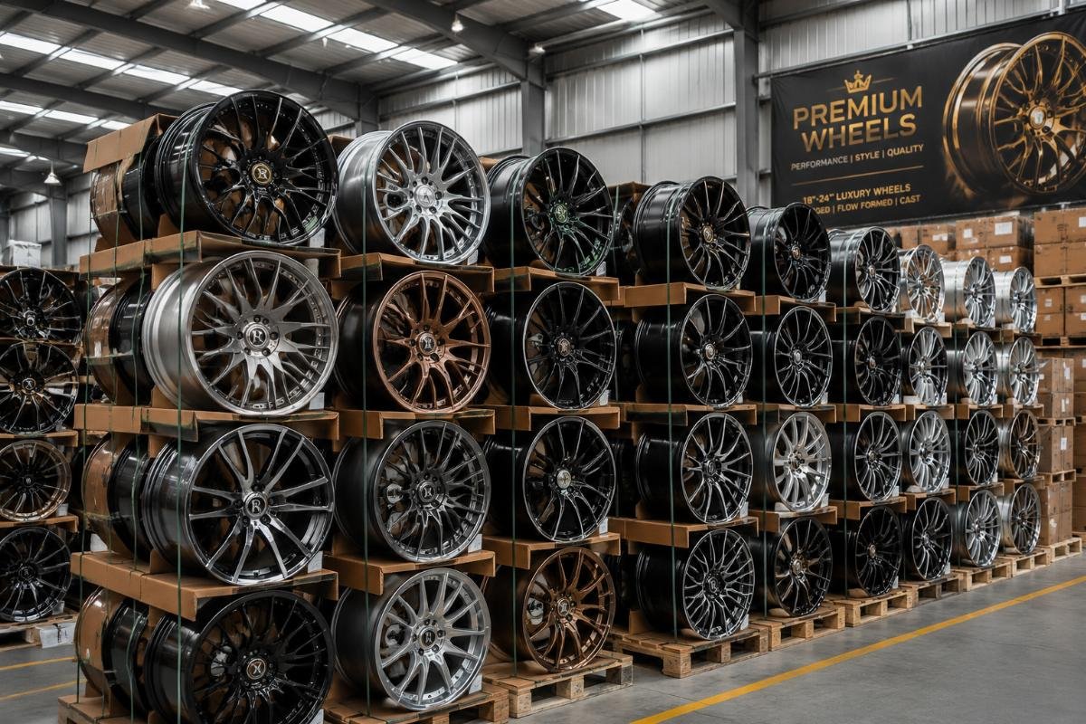 A collection of finished 18-24 inch luxury car wheels stacked in a factory warehouse, ready for shipment