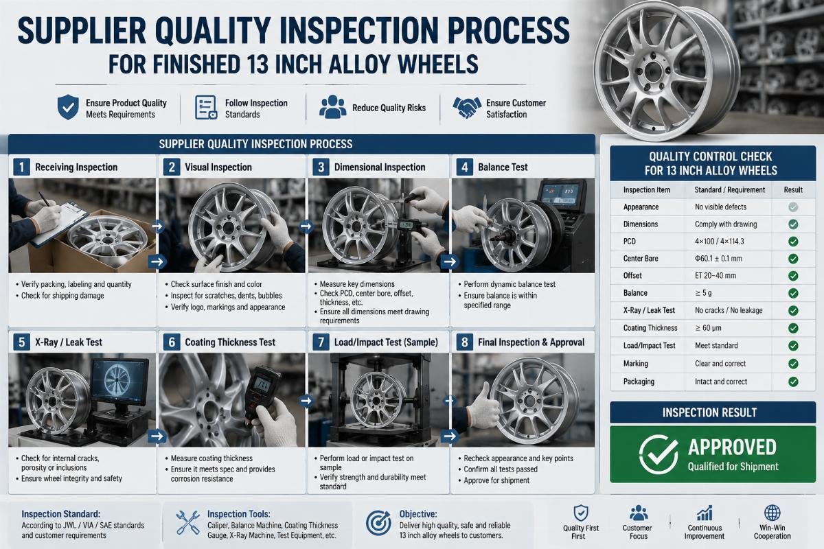 Quality control check for 13 inch alloy wheels Supplier quality inspection process for finished 13 inch alloy wheels