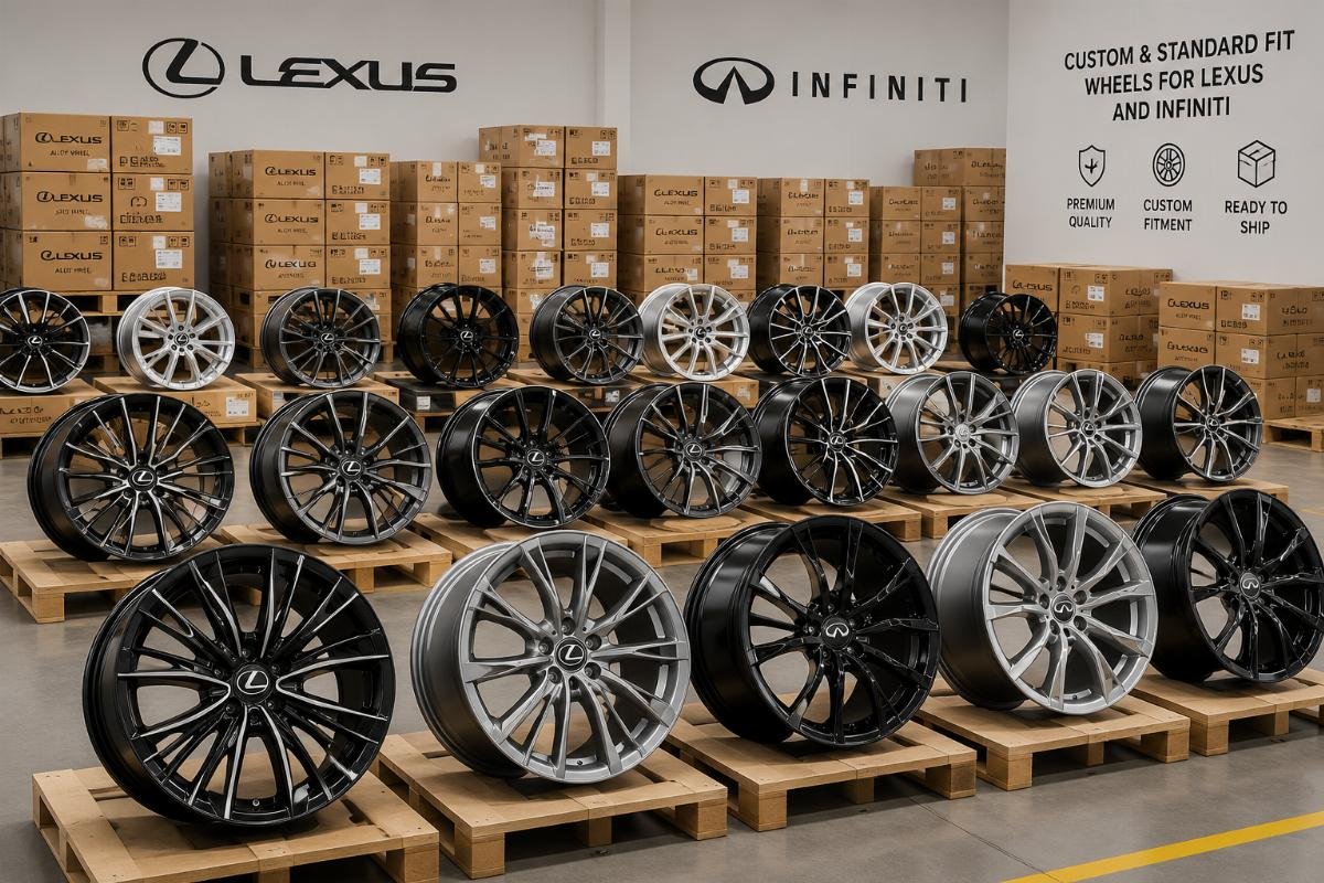 Range of Lexus and Infiniti wheels for different order sizes A range of finished custom and standard fit Lexus and Infiniti wheels ready for shipping