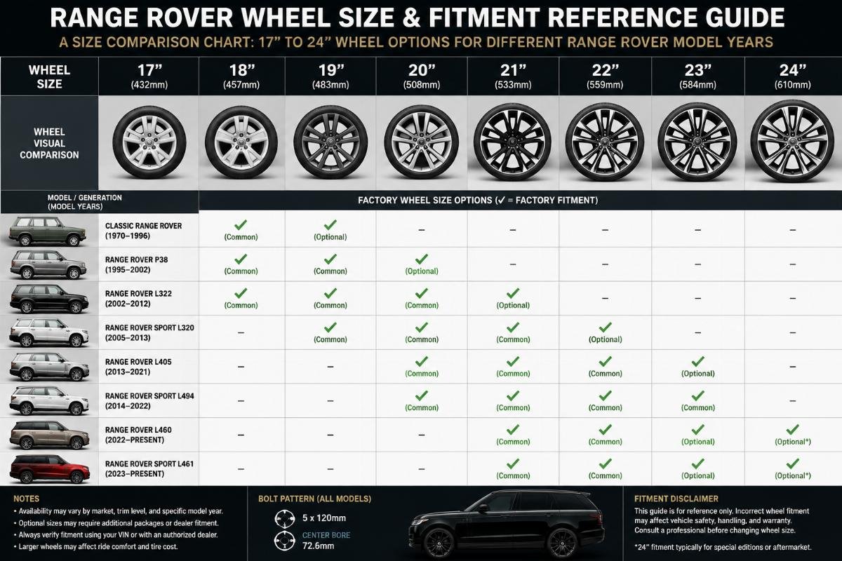 Range Rover wheel size and fitment reference guide A size comparison chart showing 17 to 24 inch wheel options for different Range Rover model years