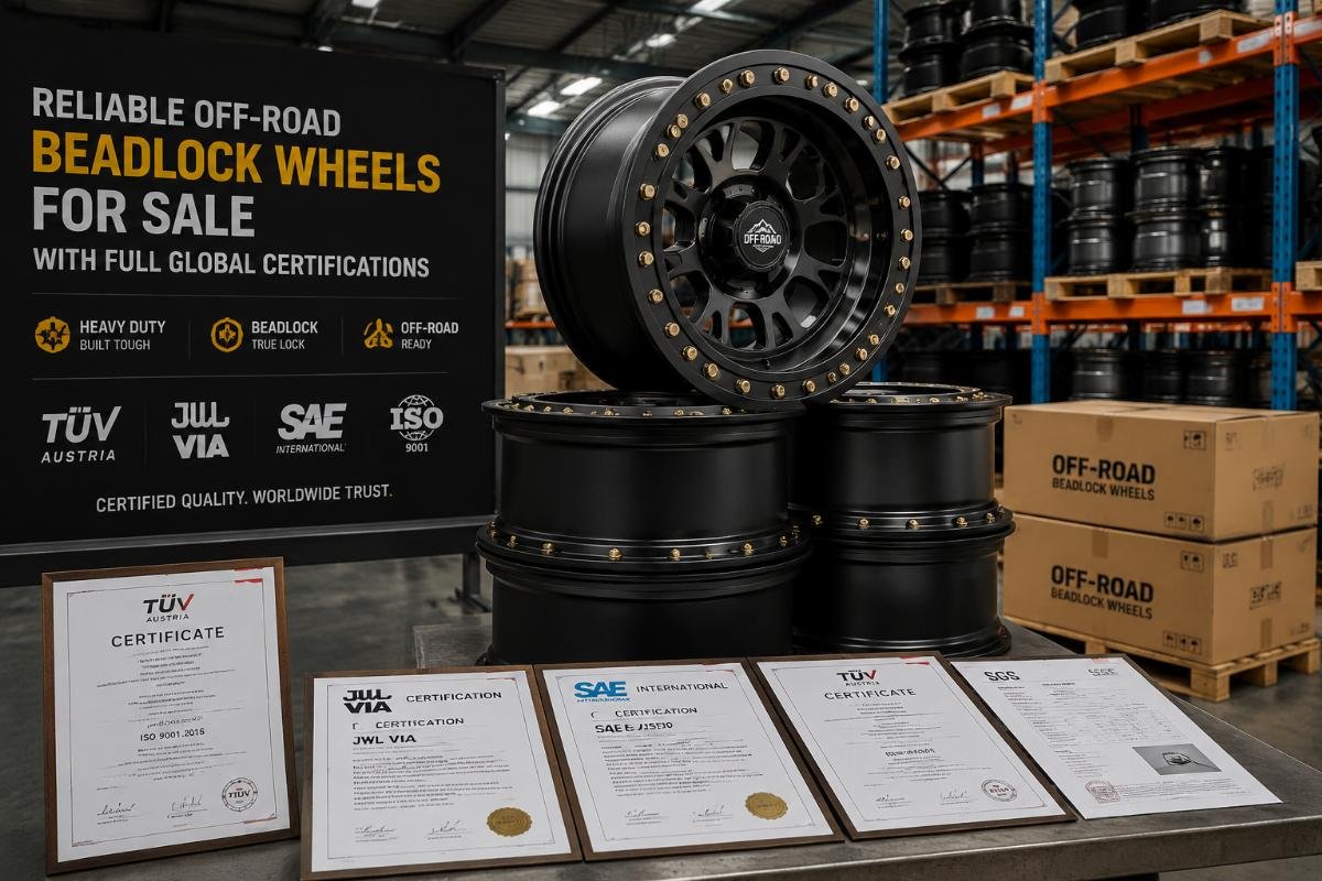 A stack of certified heavy-duty off-road beadlock wheels in a factory warehouse, with certification documents laid out on a nearby table