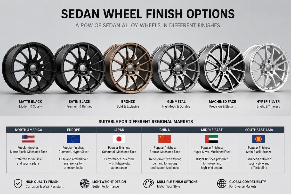 A row of sedan alloy wheels in different finishes including matte black, bronze, and machined face