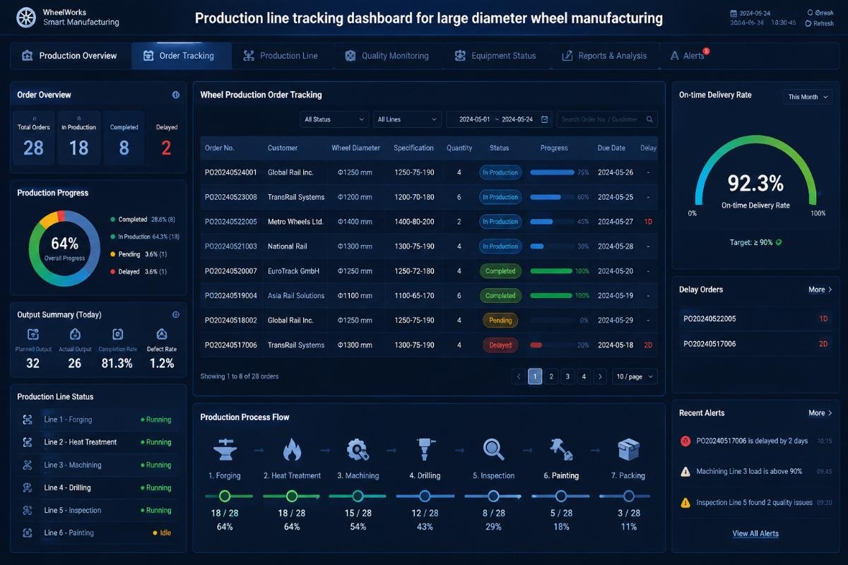 Production line tracking dashboard for large diameter wheel manufacturing
