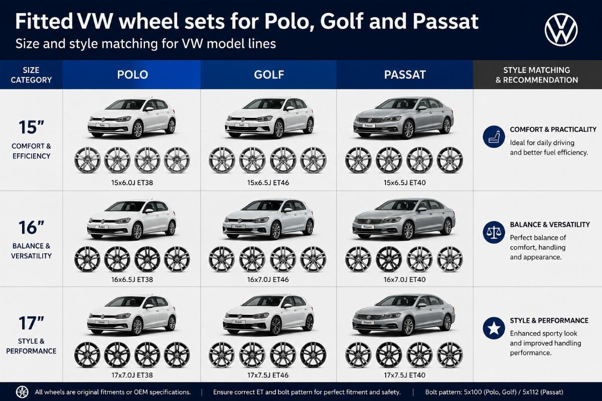 Fitted VW wheel sets for Polo, Golf and Passat arranged by size category