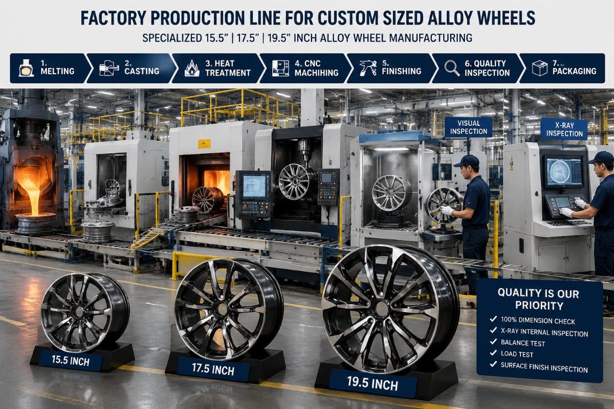 specialized 15.5 17.5 19.5 inch alloy wheel manufacturing Factory production line for custom sized alloy wheels with quality inspection stations