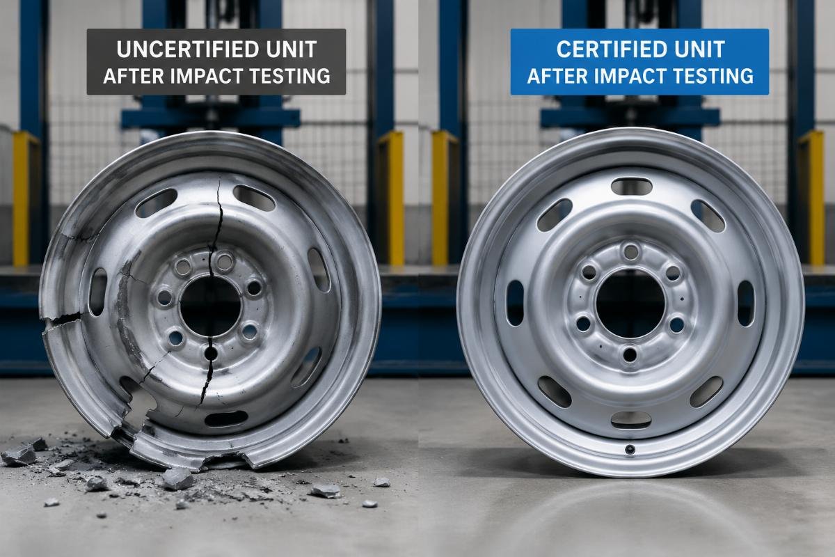A side by side comparison of a cracked uncertified steel bead wheel and an intact certified unit after impact testing
