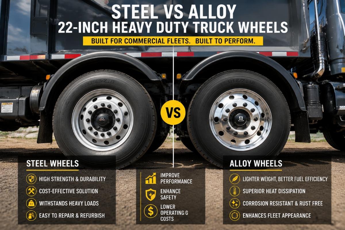 Side-by-side comparison of steel and alloy 22-inch heavy duty truck wheels mounted on a commercial haul vehicle