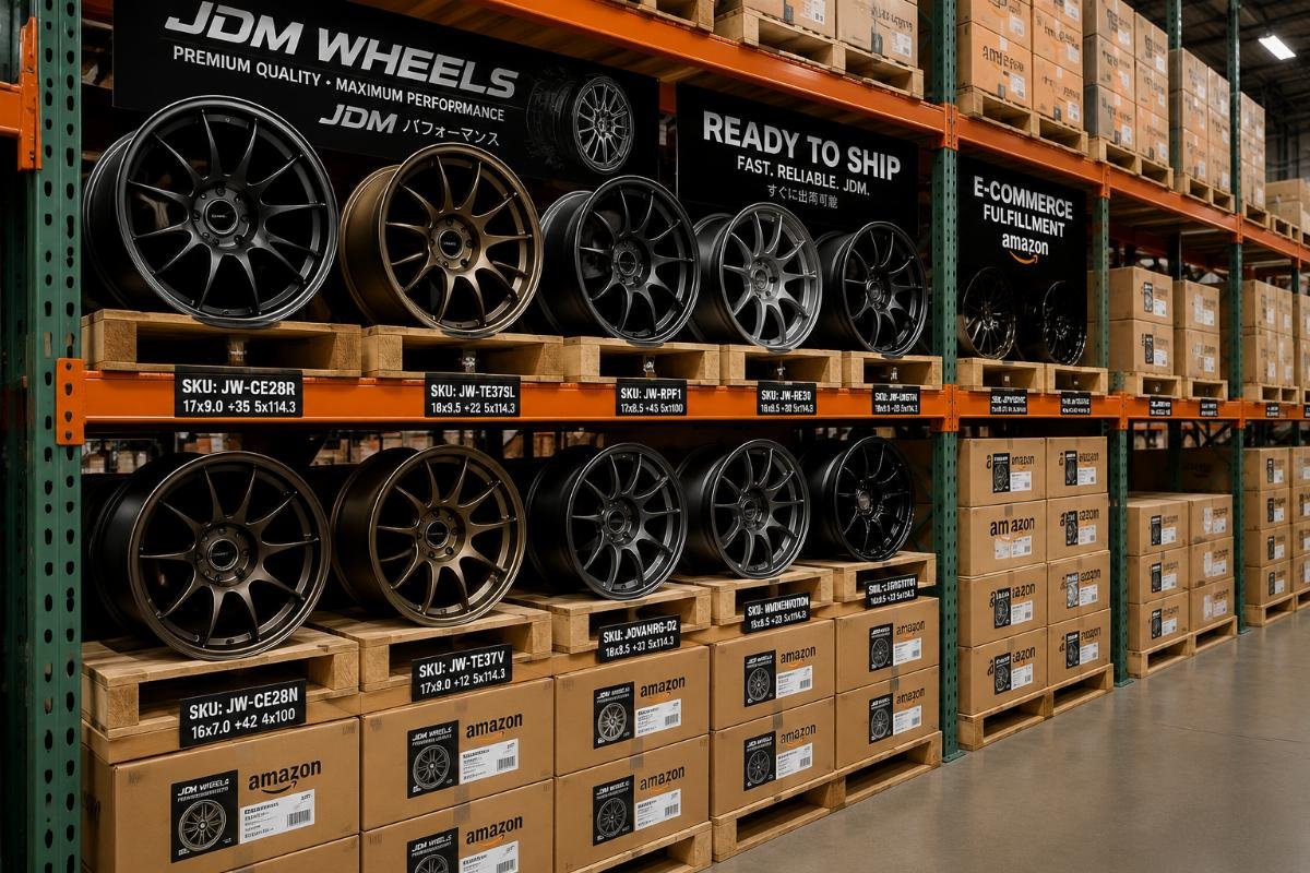 Stocked aggressive concave JDM wheels for quick e-commerce order fulfillment A warehouse shelf showing stacked JDM style wheel SKUs ready for shipping with Amazon branded packaging labels