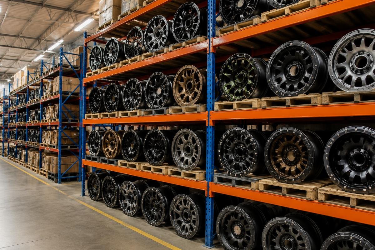 A full warehouse shelf of stocked 17-22 inch off-road wheels ready for immediate shipment