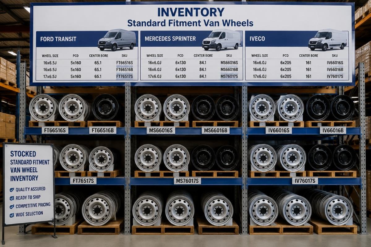 Inventory of standard fitment van wheels for Ford Transit, Mercedes Sprinter and Iveco organized by SKU in a supplier warehouse