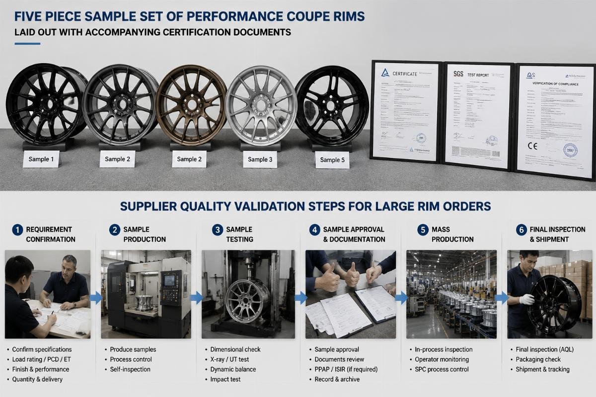 Five piece sample set of performance coupe rims laid out with accompanying certification documents