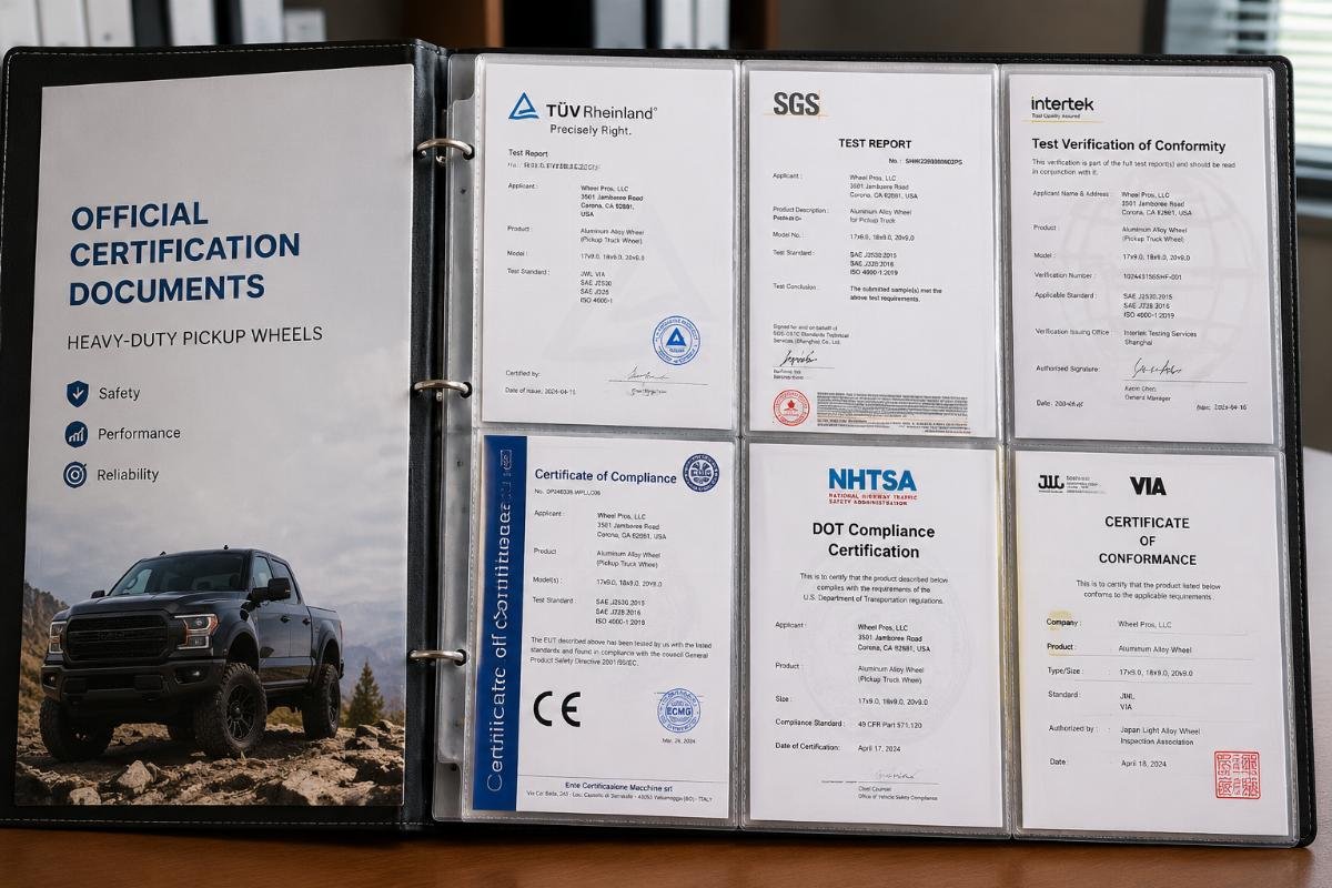 A binder of official certification documents for heavy-duty pickup wheels