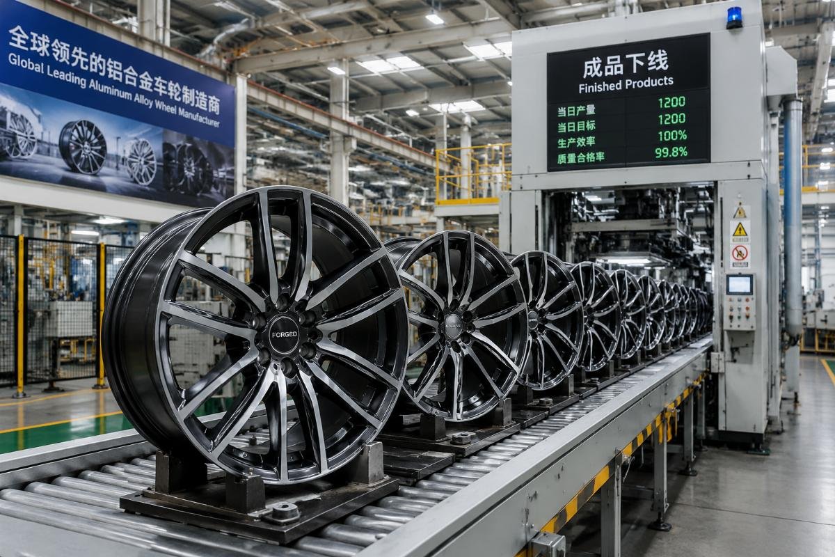 Tier-1 Chinese alloy wheel production facility A production line in a Chinese tier-1 alloy wheel factory showing finished wheels coming off the assembly line