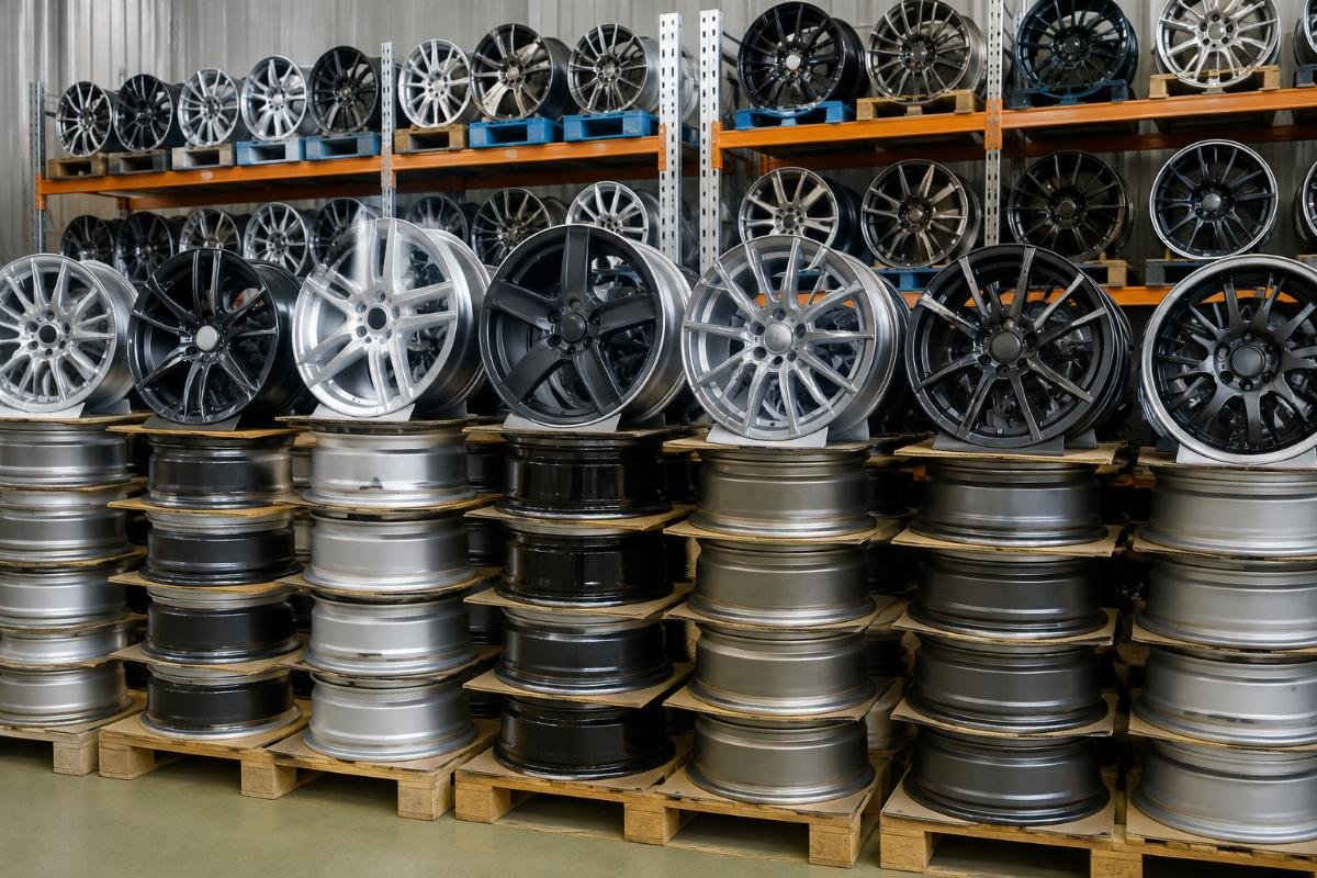 Top selling 14-20 inch compact car wheel SKUs stacked for warehouse storage