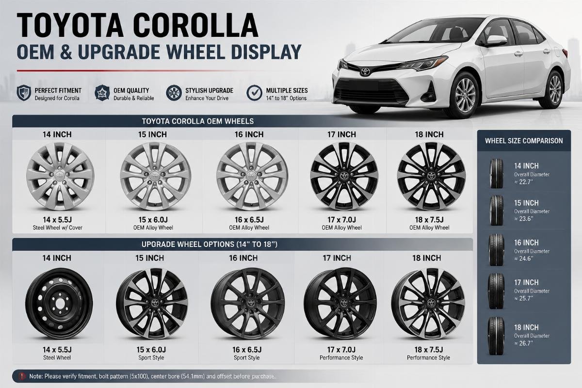 14 to 18 inch Toyota Corolla OEM and upgrade wheel display