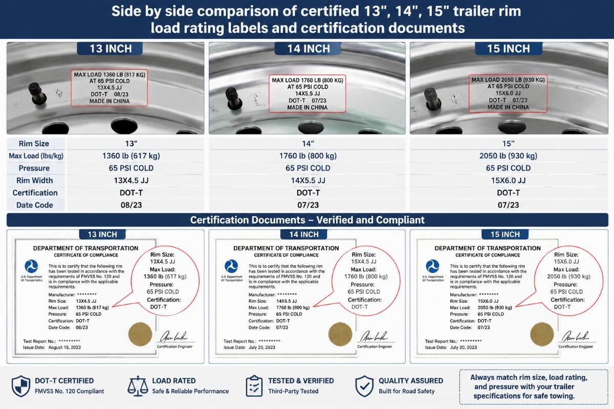 trailer rim certification and load rating verification Side by side comparison of certified 13,14,15 inch trailer rim load rating labels and certification documents