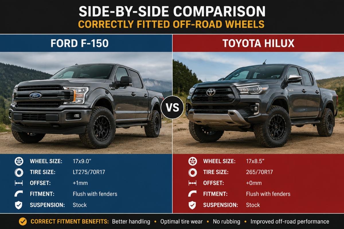 Side-by-side comparison of correctly fitted off-road wheels on a Ford F-150 and Toyota Hilux