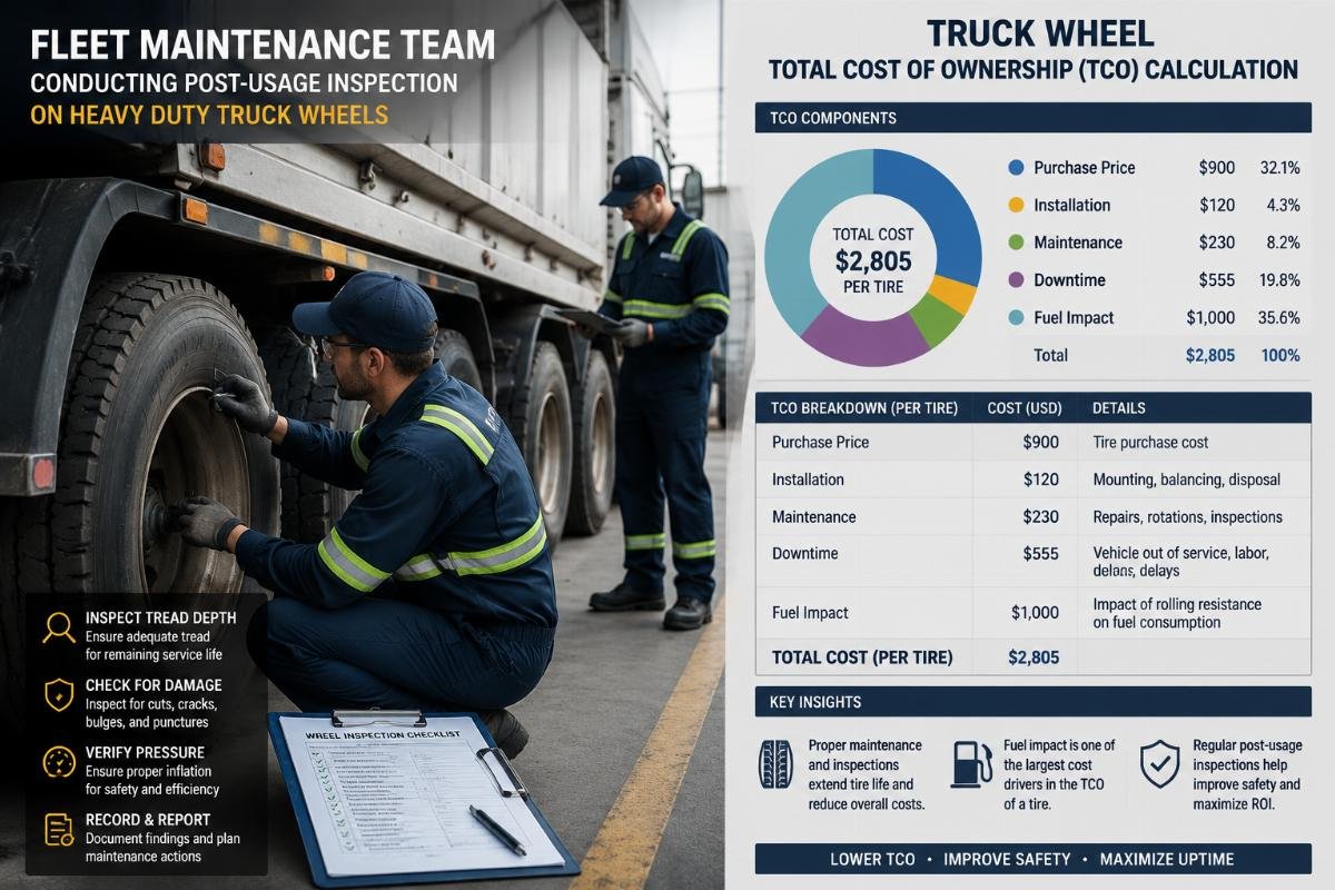 Truck wheel total cost of ownership calculation Fleet maintenance team conducting post-usage inspection on heavy duty truck wheels