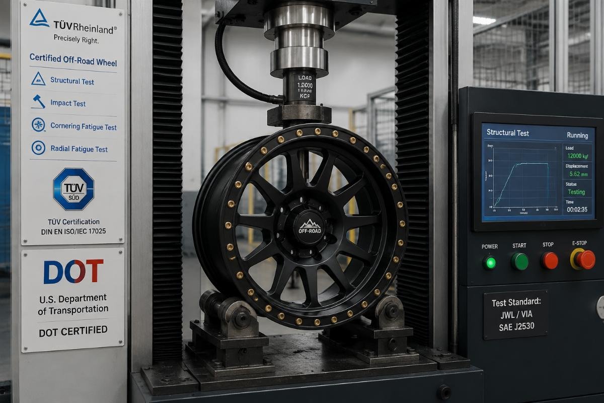 TUV and DOT certified off-road wheel testing A set of certified off-road wheels undergoing structural testing in a factory lab