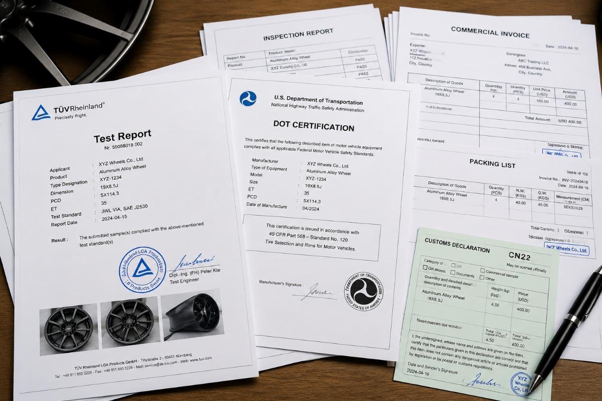 A stack of wheel certification test reports and customs documentation laid out on a desk