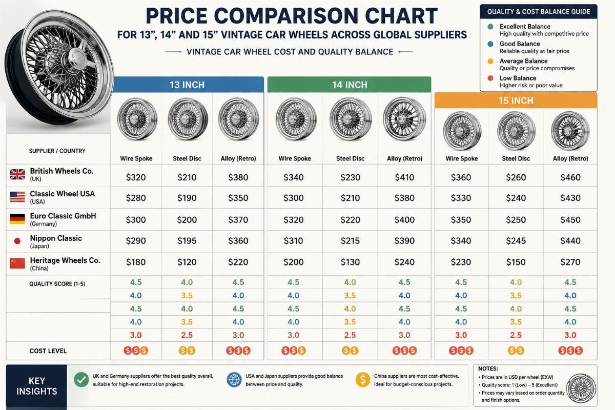 vintage car wheel cost and quality balance Price comparison chart for 13, 14 and 15 inch vintage car wheels across global suppliers