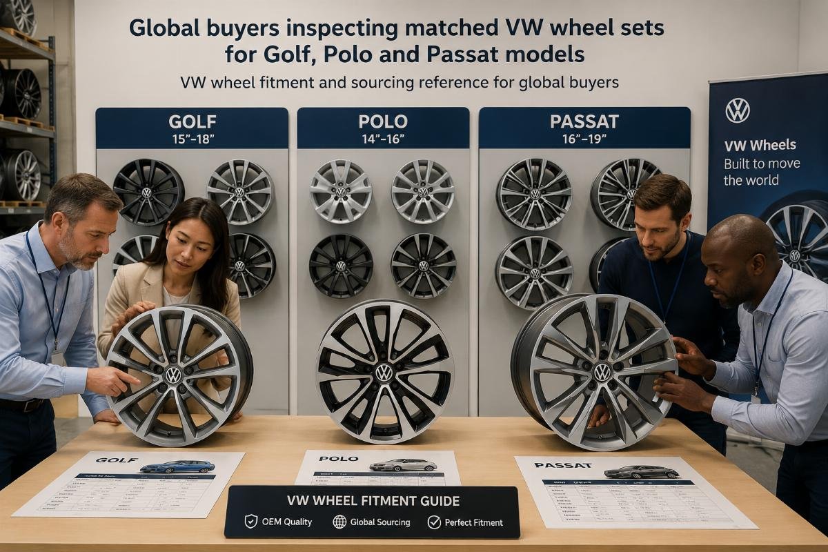 Global buyers inspecting matched VW wheel sets for Golf, Polo and Passat models