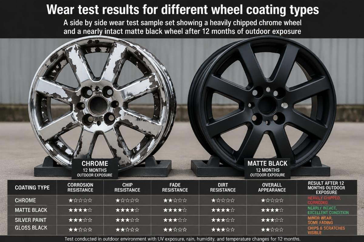A side by side wear test sample set showing a heavily chipped chrome wheel and a nearly intact matte black wheel after 12 months of outdoor exposure