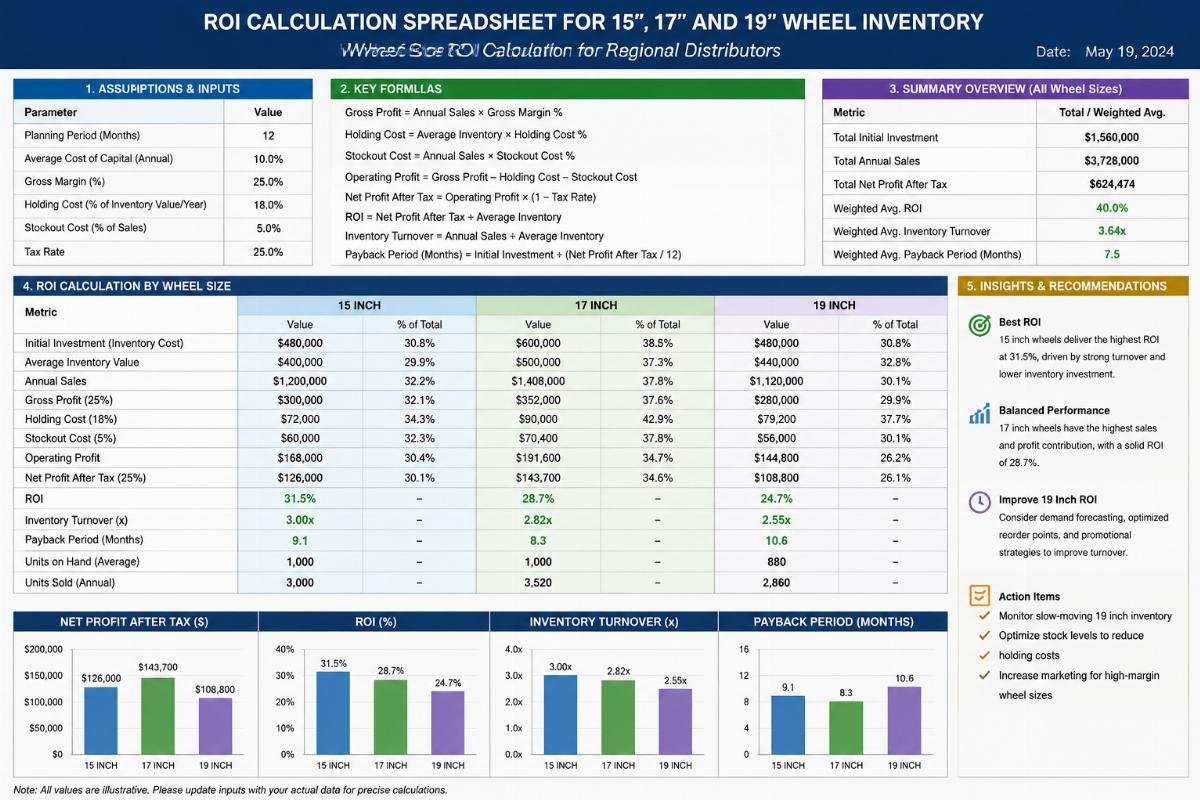 ROI calculation spreadsheet for 15, 17 and 19 inch wheel inventory