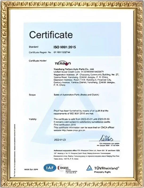 Framed ISO9001 quality certificate on a white wall