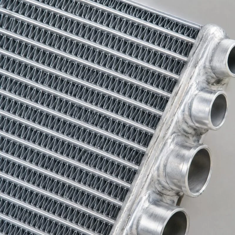 Close-up of an aluminum radiator tube-and-fin core