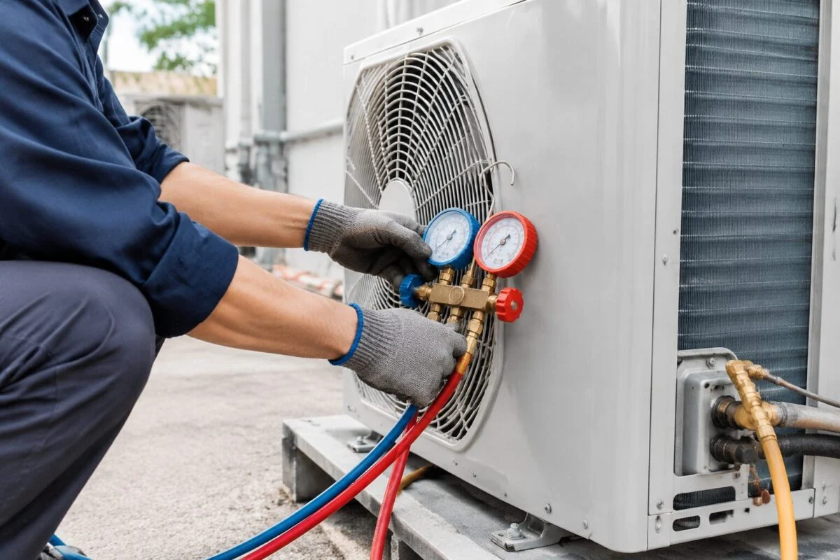 Technician running a pressure test on an aluminum AC condenser