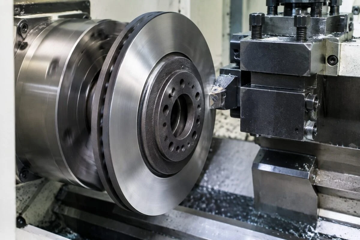 CNC lathe turning the friction surface of a cast iron brake disc