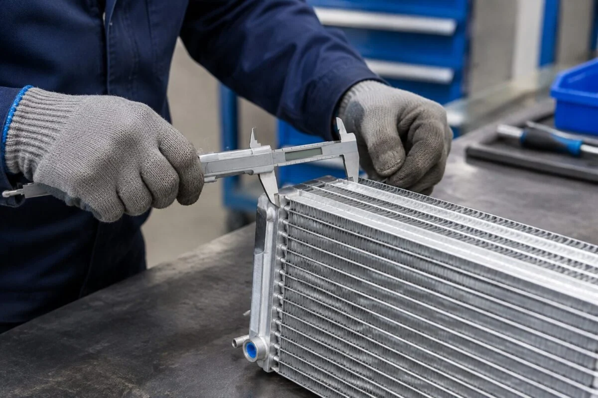 Engineer measuring an aluminium condenser core with a caliper at a workbench