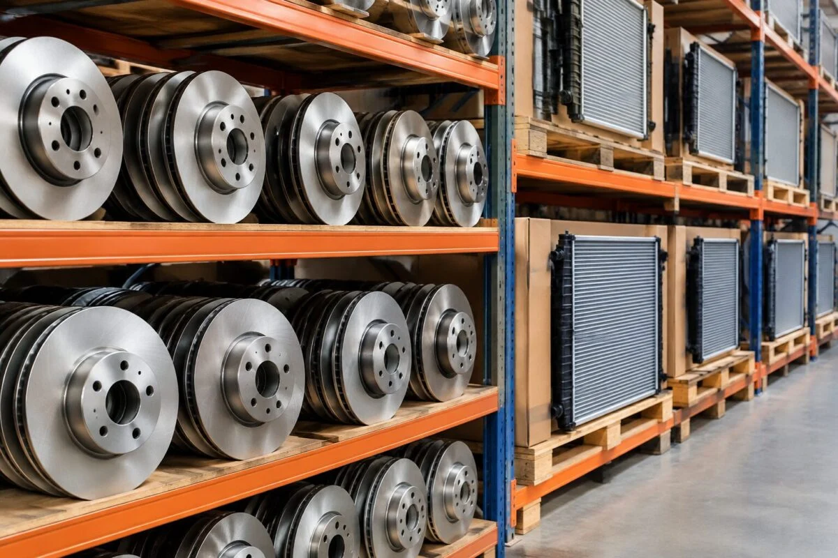 Rows of machined brake discs and boxed radiators on warehouse racks