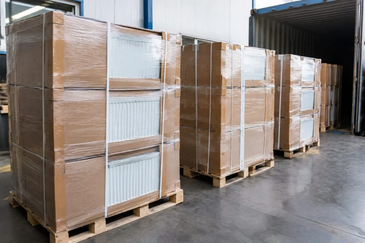 Radiators wrapped in export cartons stacked on pallets ready for container loading