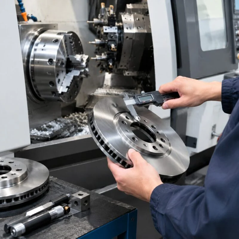Inspector measuring a machined brake disc beside a CNC lathe