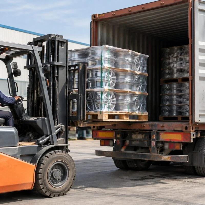 Forklift loading palletised wheel rims into a shipping container