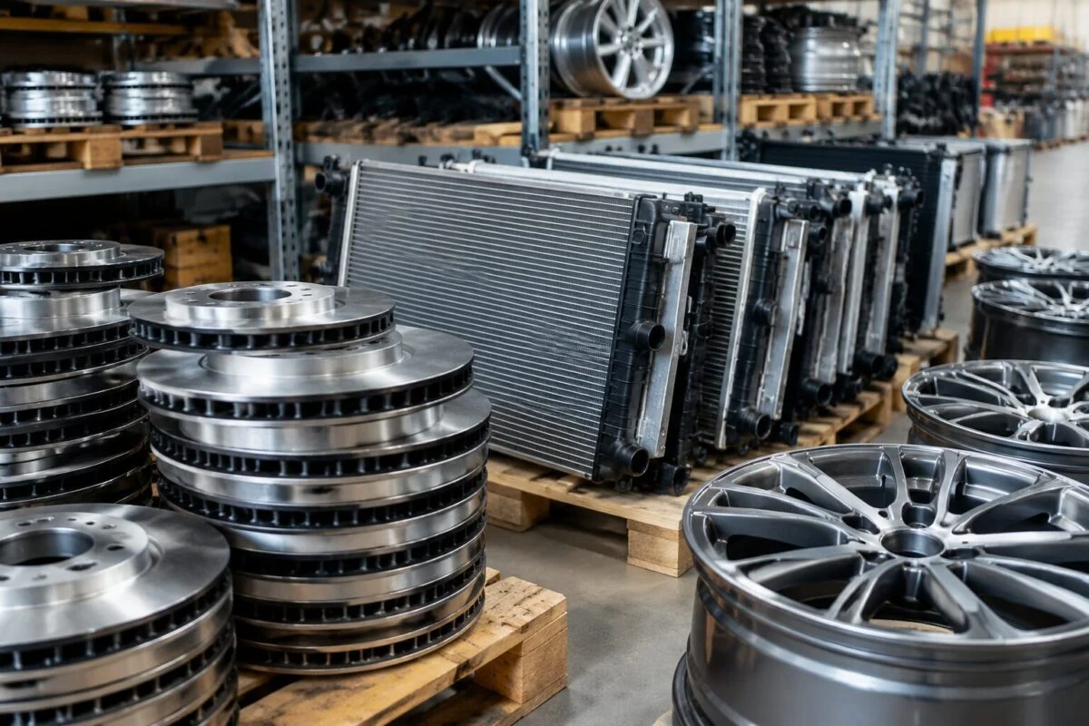 Stacked brake discs, aluminum radiators and alloy wheels in an auto parts warehouse