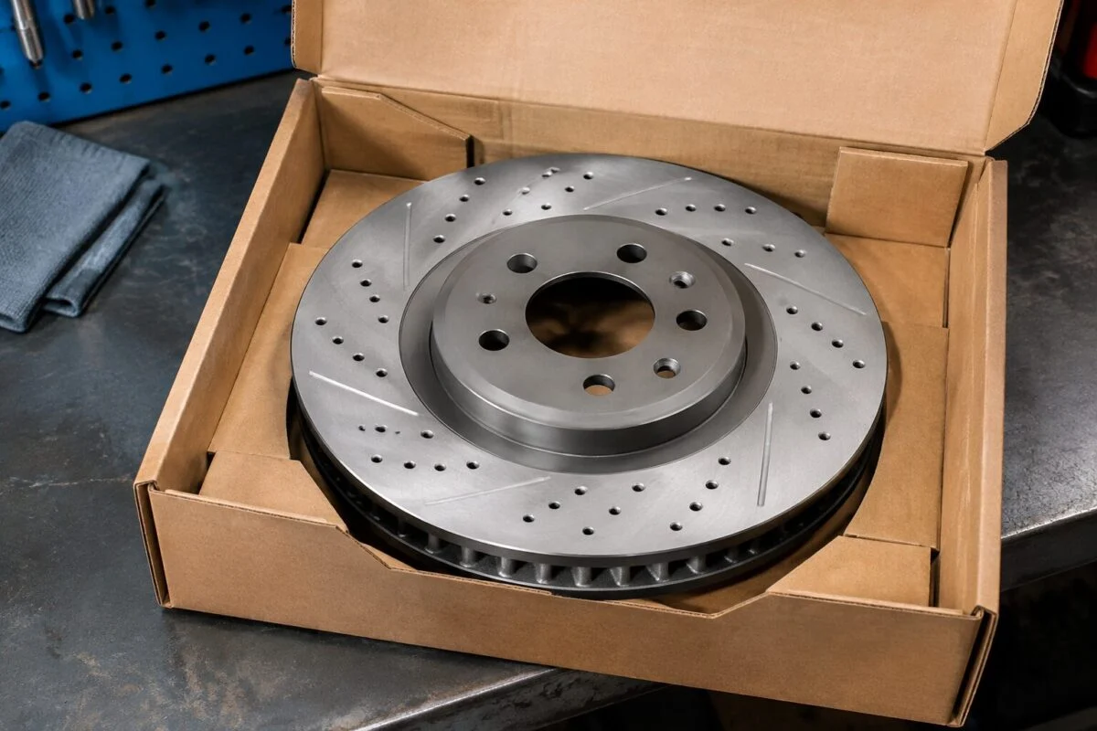 A single brake disc sample packed in a carton on a workbench