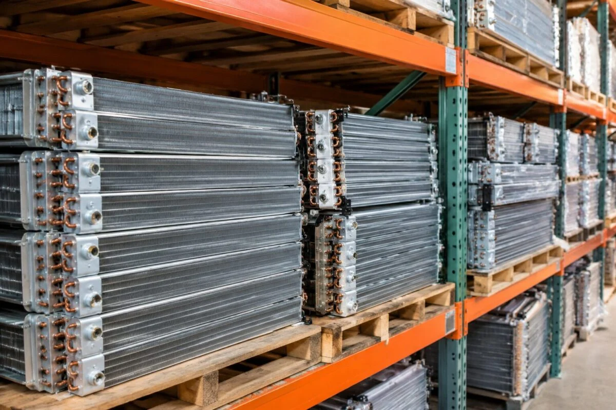Aluminum AC condensers stacked on a warehouse shelf