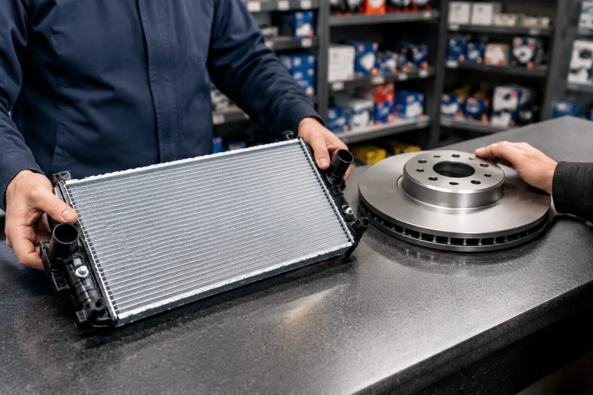 Sales engineer comparing a radiator with a brake disc at a parts counter