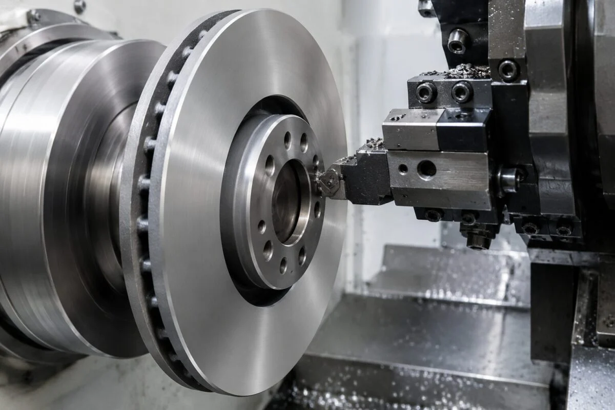 CNC lathe machining the friction surface of a brake disc