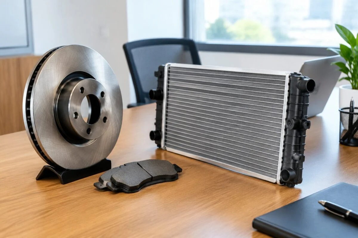 Sales office desk with brake disc and radiator samples