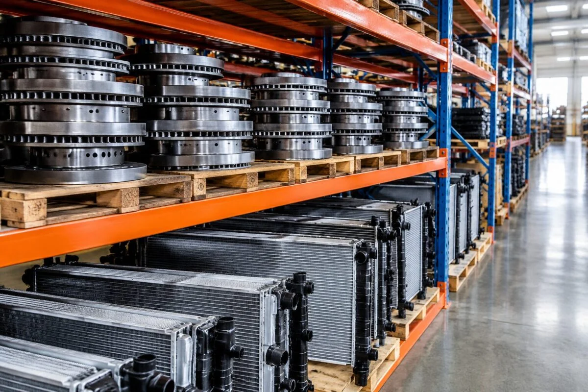 Stacked brake discs and aluminium radiators on warehouse racks at the Jinan Yoker facility