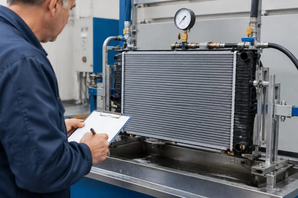 Inspector checking a radiator on a pressure test bench