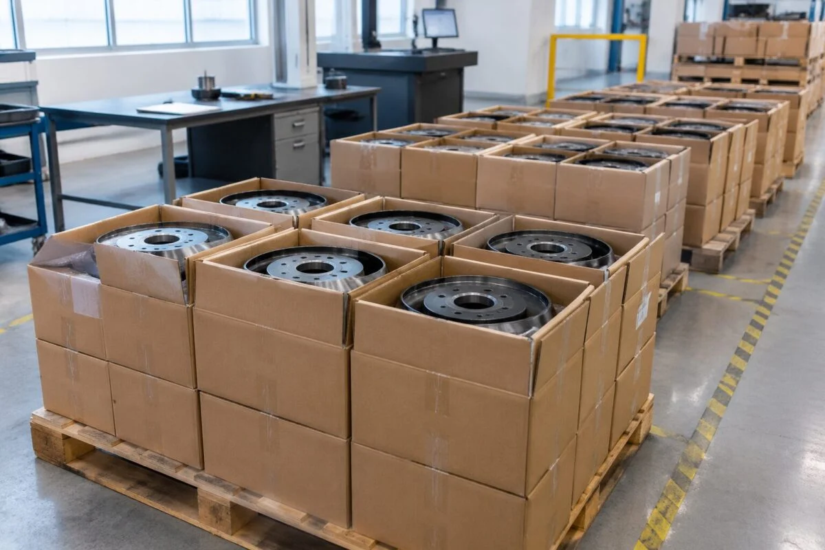 Boxed brake drums grouped by batch on pallets in an inspection area
