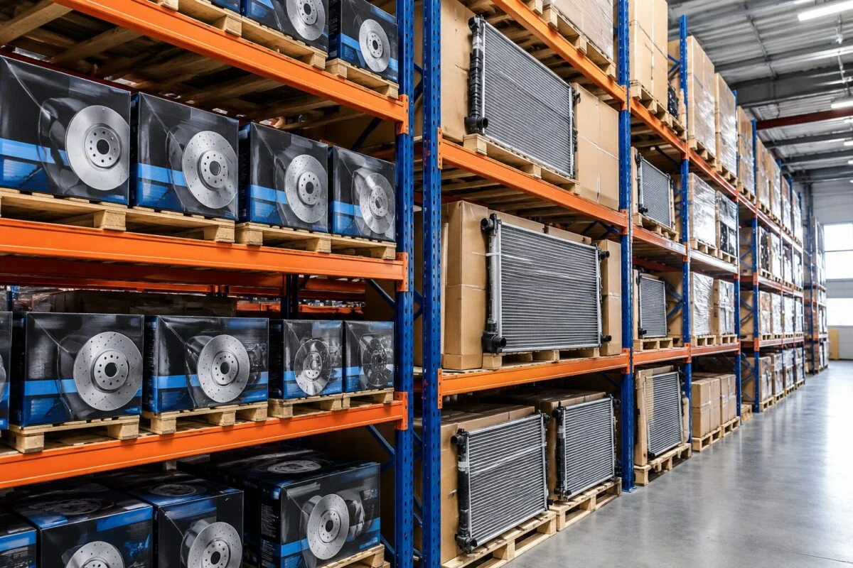 High warehouse racks stocked with boxed brake discs and radiators