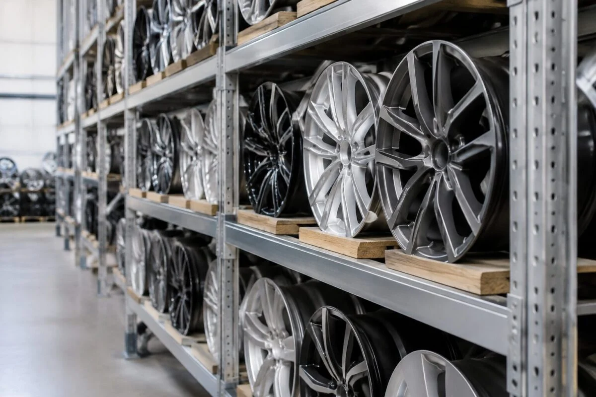 Rows of alloy wheel rims stacked on warehouse shelves