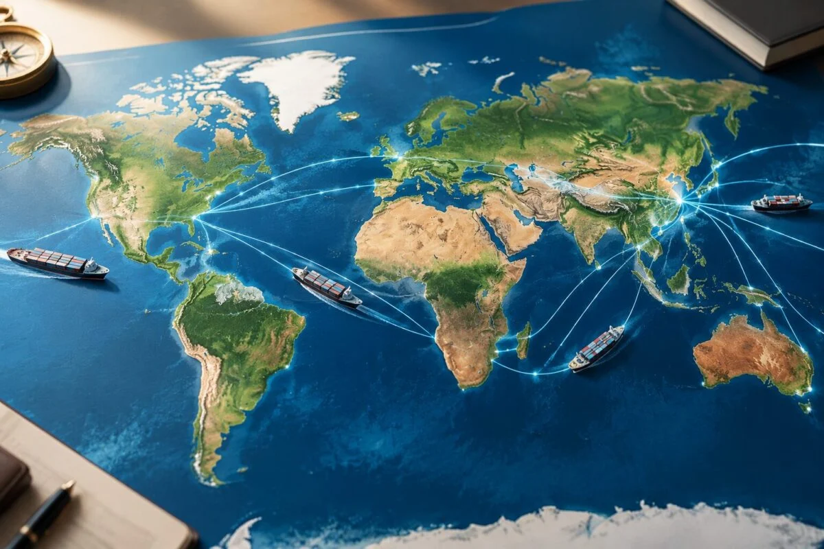 World map with shipping routes from China to North America, Europe and Asia