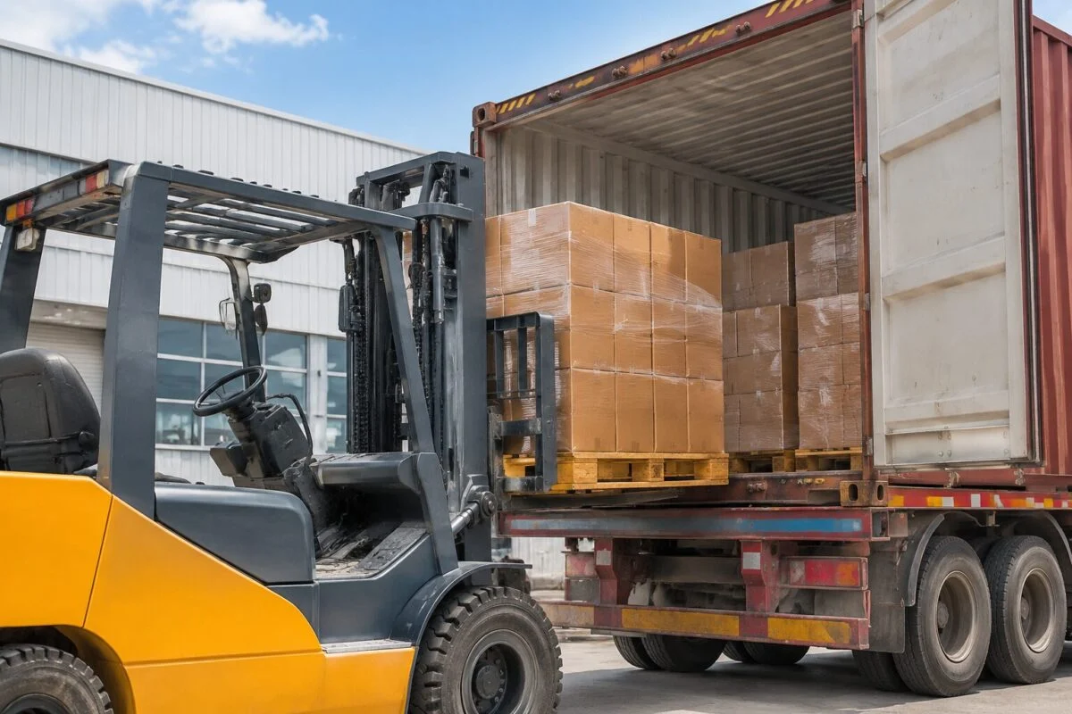 Forklift loading packed auto parts cartons into a shipping container